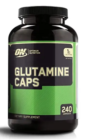 A photo of a glutamine supplement bottle.