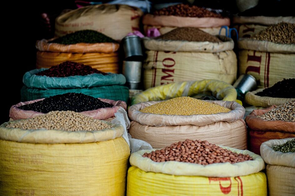 Large Colorful Bags Containing Various Beans and Seeds