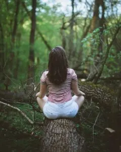 Woman Sitting on Tree Log in Woods