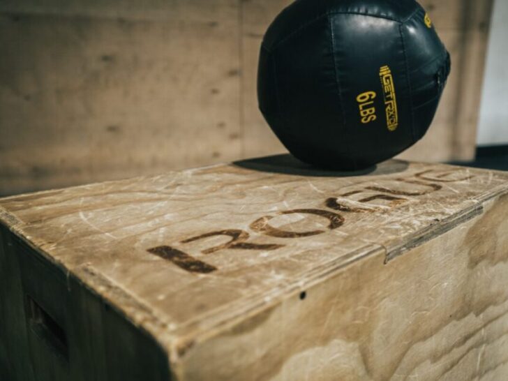 Black Medicine Ball on Wooden Box