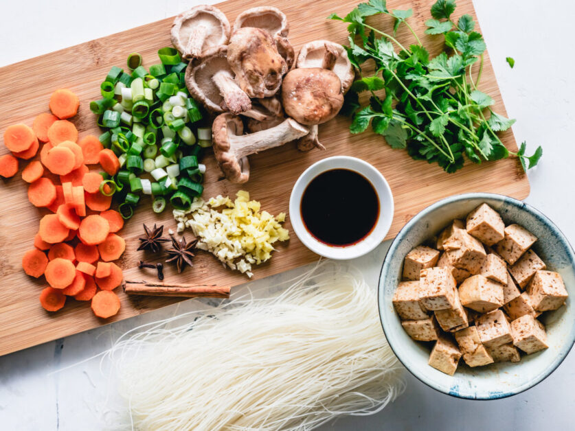 Mix of Colorful Vegetables on Cutting Board with Tofu