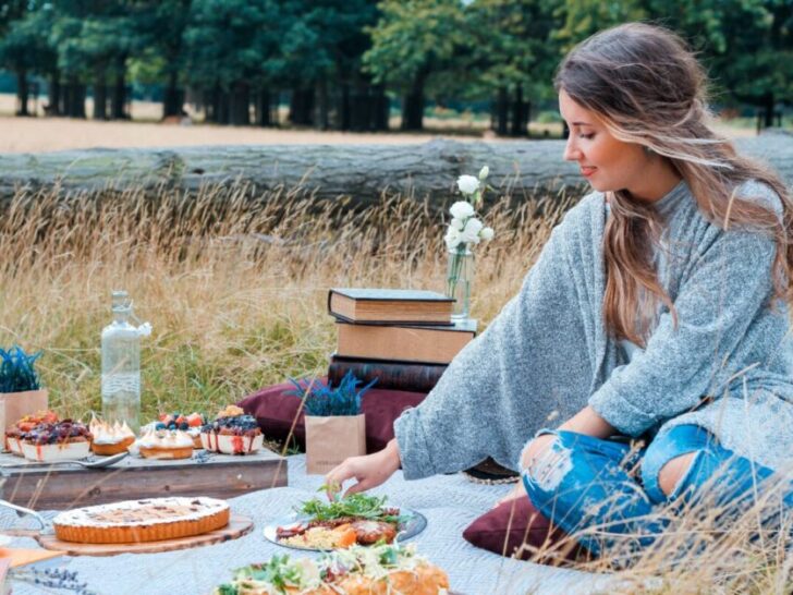 Woman Sitting on Blanket Eating Picnic in Field