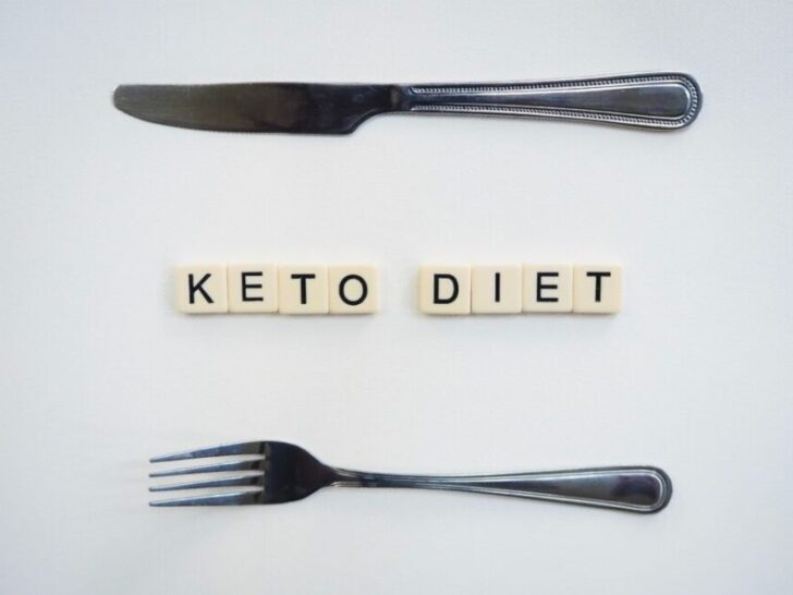 Fork and Knife on White Background With Tiles Spelling Keto Diet