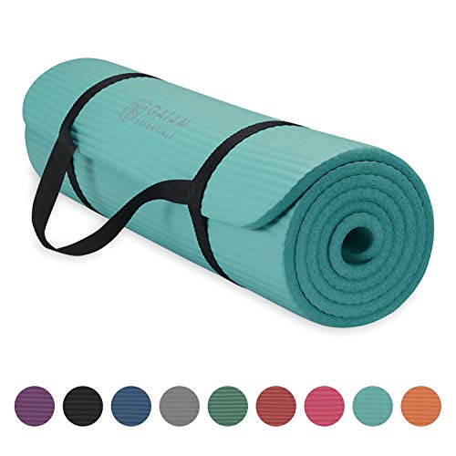 Gaiam Essentials Thick Yoga Mat Fitness & Exercise Mat With Easy-Cinch Yoga Mat Carrier Strap, Teal, 72"L X 24"W X 2/5 Inch 