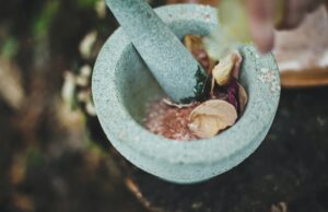 Grey mortal and pestle with plants and herbs.